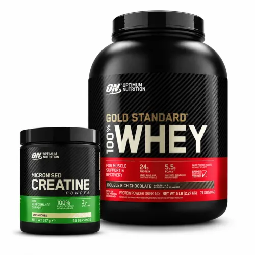 Optimum Nutrition Gold Standard Whey 2.27 kg + Micronized Creatine 317 g Performans Paketi shakır ve saklama kabı hediye